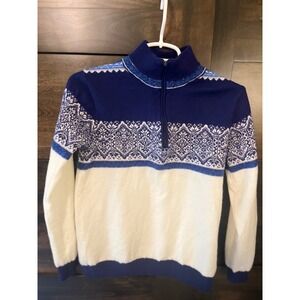 Icewear Iceland 100% Merino Wool Nordic Fair Isle Half Zip Sweater Blue White S